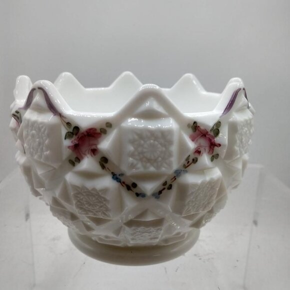 Westmoreland Milk Glass Bowl With Hand-Painted Floral Design & Sawtooth Edge - Picture 1 of 7